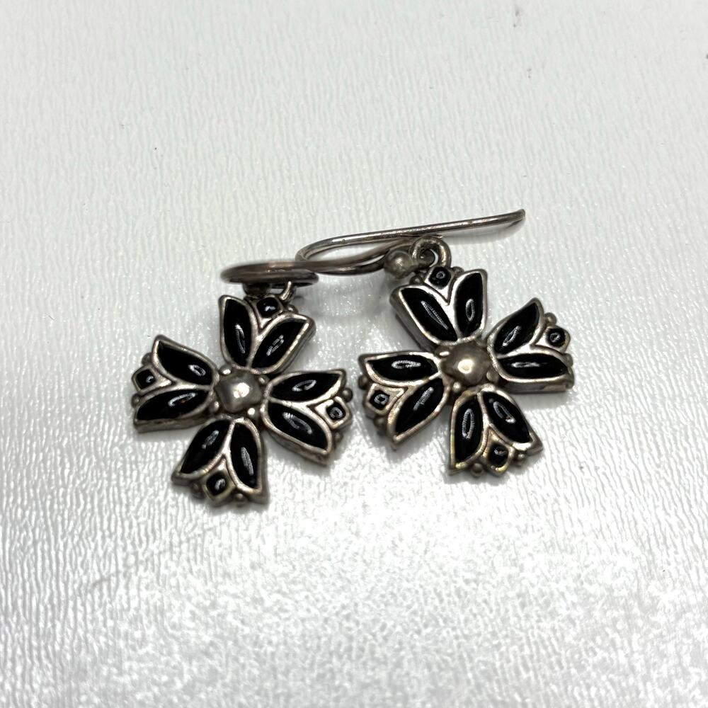 Vintage Silver, Black Enamel Tulip, Star Dangle Earrings